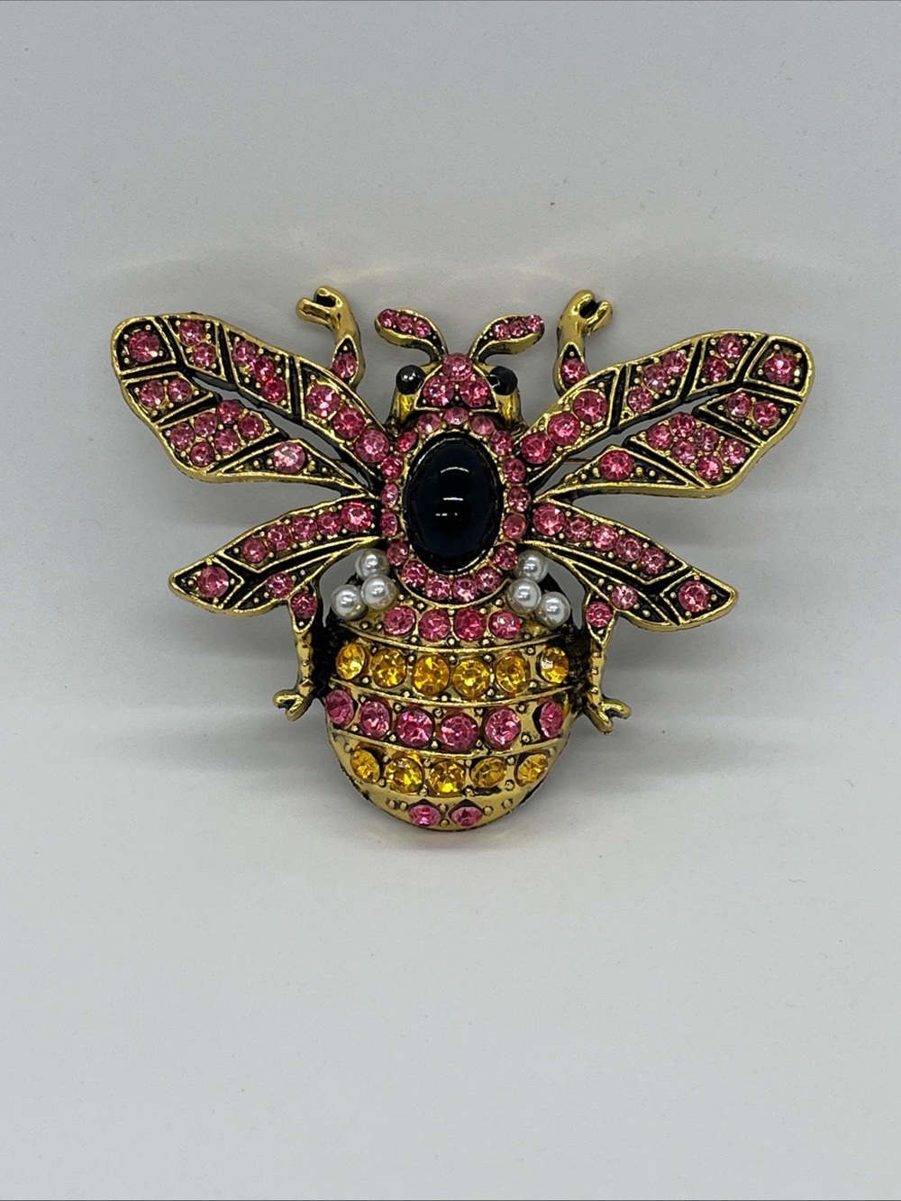 Gold Tone Bee Brooch Pink Rhinestone Pearl Amber Black Rhinestone Insect Pin